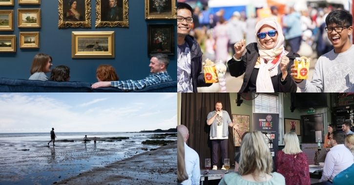 photo collage - family sitting on sofa in Bowes Museum, group of people eating/smiling at Seaham Food Festival, family on Seaham Beach and man performing to crowd at Durham Fringe Festival